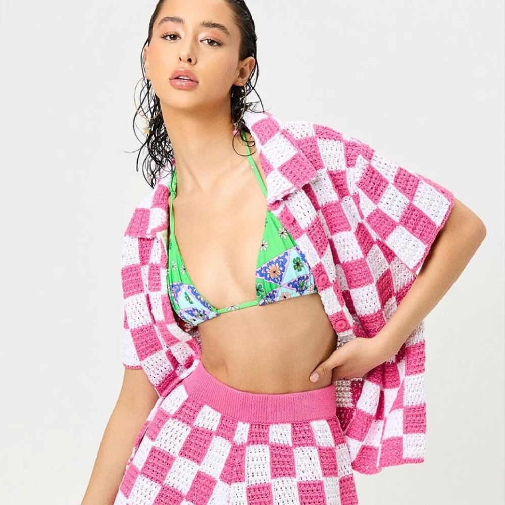 Frankie's Bikinis Coco Crochet Button Up Shirt - Pink Checker